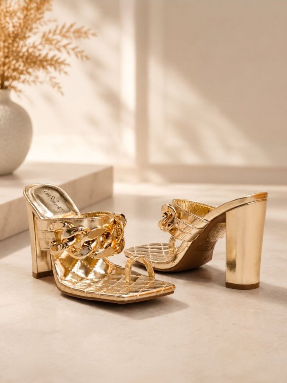 Gold Block Heel Chain Quilted Open Toe Mules For Women By Lovmark